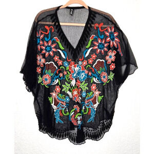 Yoana Baraschi Womens Mesh Top Medium Black Embroidered Floral Sheer Boho Chic